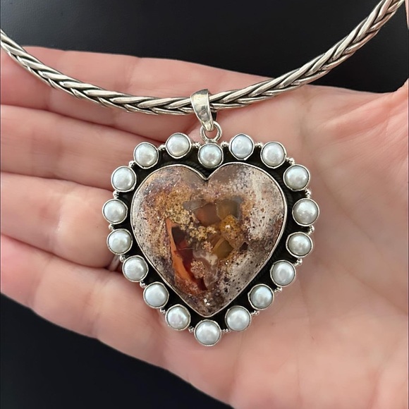 Mexican fire opal pearl mega statement heart sterling silver pendant - Picture 6 of 10